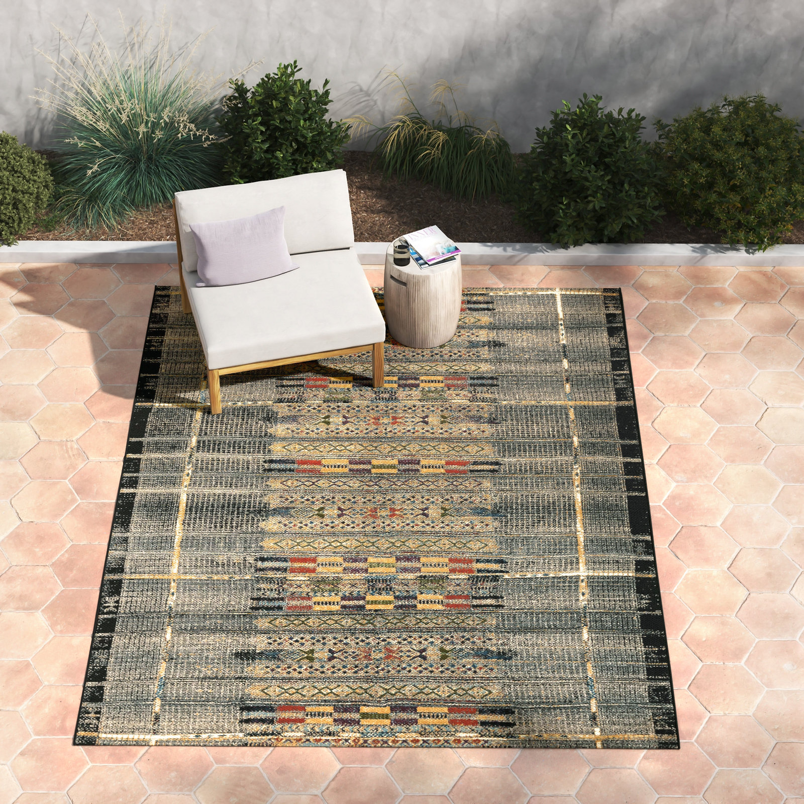 Sesena Black/Gold/Orange/Green/Blue/Ivory/Grey Indoor/Outdoor Rug, Rectangle 7'10" x 9'10"