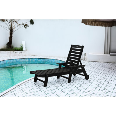 Méridienne d'extérieur avec 5 positions, roulettes, porte-gobelet, noir pour patio, terrasse, piscine, jardin, chaises longues et bord de piscine