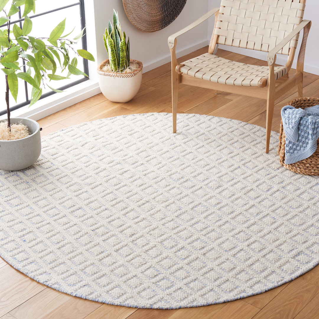 Agramonte Geometric Handwoven Wool Ivory/Blue Area Rug Wade Logan® Rug 