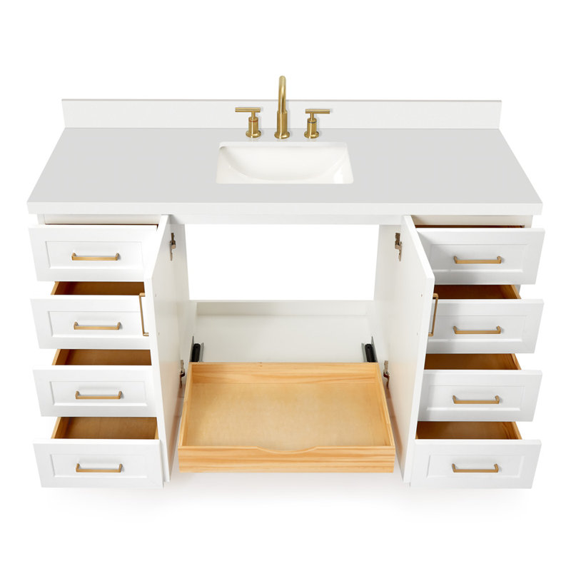 Meuble-lavabo simple en bois massif 61 po Freitas avec plateau en quartz blanc pur 1,5 po, évier central rectangulaire, Blanc
