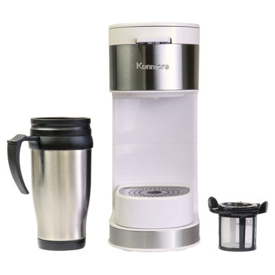 Cafetière à portion unique avec tasse de voyage en acier inoxydable Kenmore, blanc