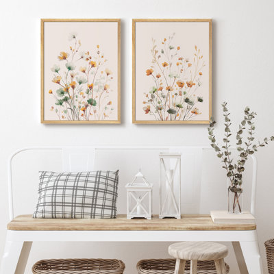 Minimal Wildflower Meadow Framed Wall Art Prints Set of 2 - Light Botanical Field for Living Room Bedroom