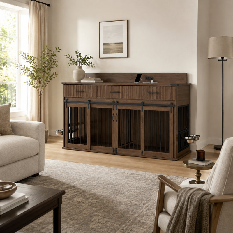 Meuble double 71 po en MDF à grain de bois noyer avec 3 tiroirs cannelés et station de charge pour le salon, la chambre à coucher