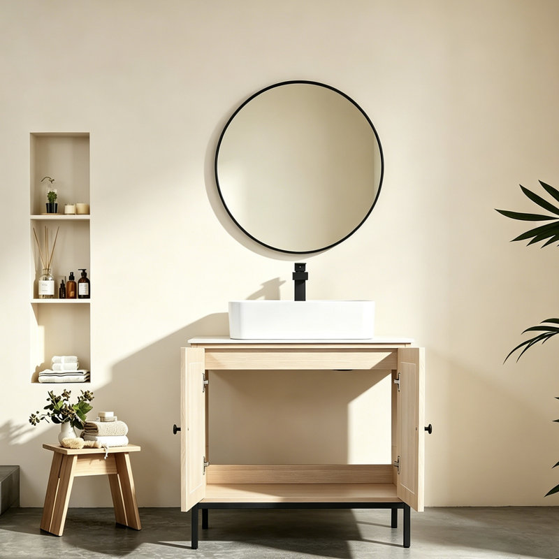 30" Modern Rattan Plaited Doors Vessel Bathroom Vanity Set With Ceramic Sink