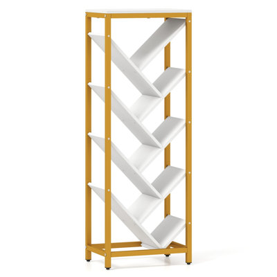 9-Tier Freestanding Tree Bookshelf, Metal and Engineered Wood Bookcase for Living Room, Bedroom, Office, Heavy-Duty 132 lb Capacity, Gold & White