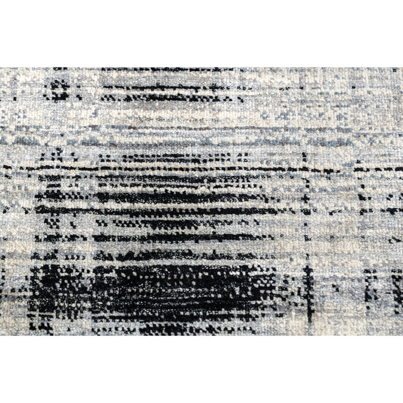 Hand Knotted Abstract Area Rug in Black/White/Gray, Rectangle 10' x 14'
