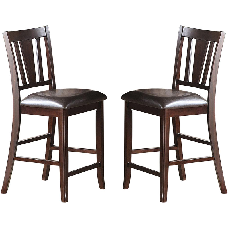 Chaises modernes à hauteur de comptoir, 2, siège en similicuir brun noyer, bois d'hévéa, coussin de chaises de salle à manger uni transitionnel