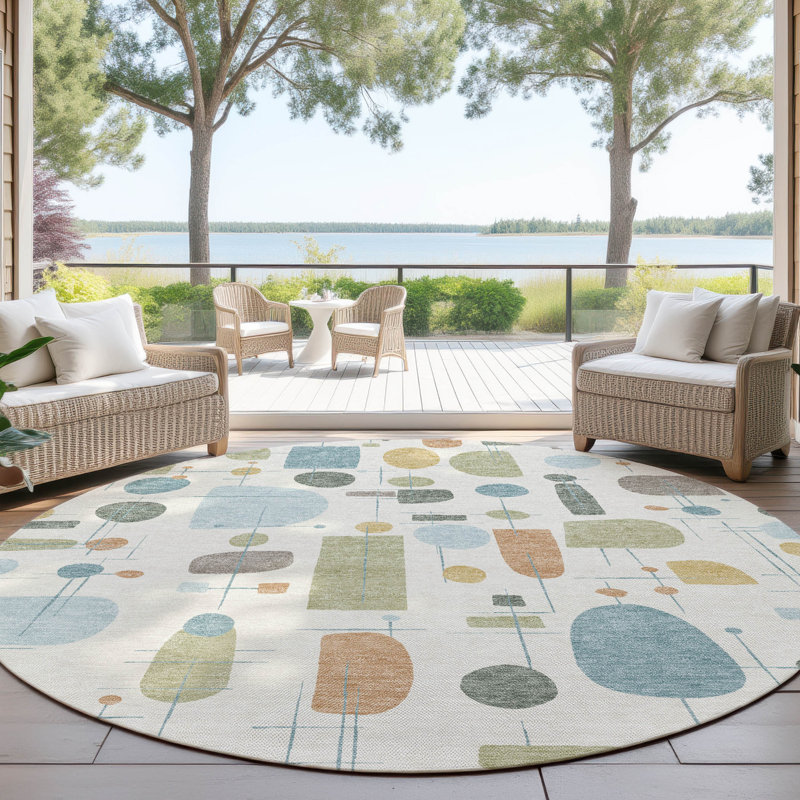 Tapis Mid-Century moderne lavable à la machine intérieur / extérieur Jourdan ACN2393, Rond 8 pi