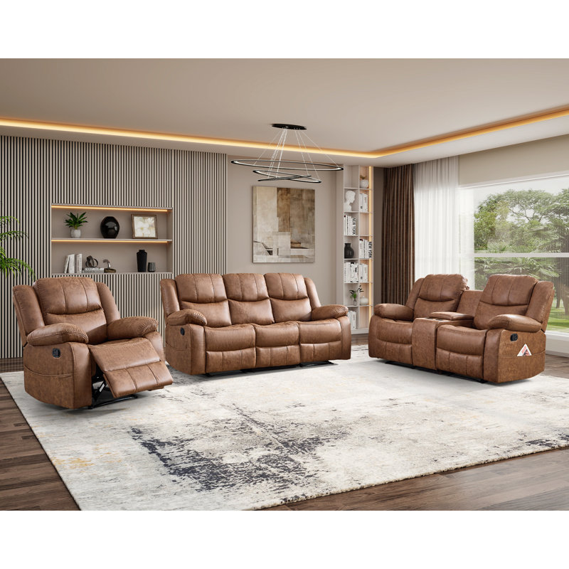 Ensemble de salon inclinable manuel en cuir 3 pièces avec accoudoirs coussinés, Brun