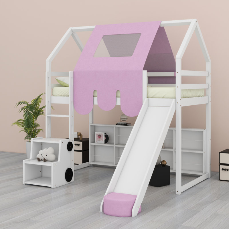 Structure de lit en mezzanine avec tente, Lit simple, Blanc / Rose