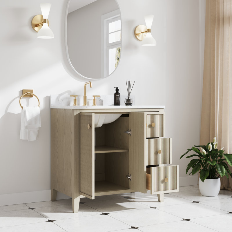 Meuble-lavabo autoportant en bois massif avec comptoir en quartz blanc Carrera et lavabo encastré encastré Kristine l 36 po x H 35 po