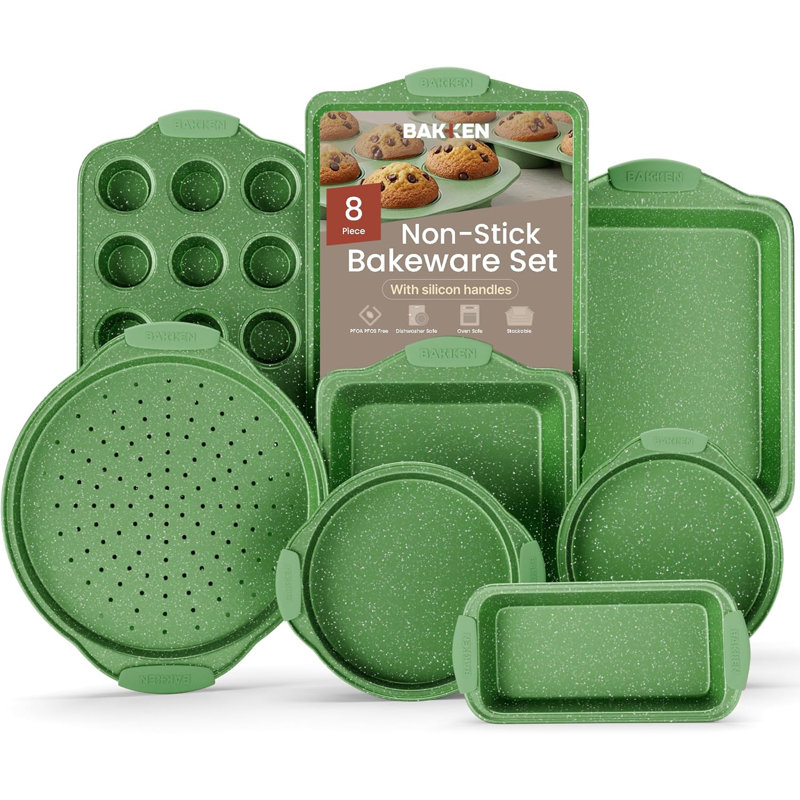 Bakken 8-piece Nonstick Baking Pan Set – Green Marble Carbon Steel Bakeware With Green Silicone Handles, Oven Safe 450°f, Pfoa-free