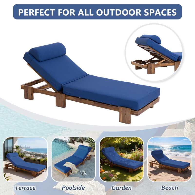 78.8'' Outdoor Acacia Wood Patio Chaise Lounge Chair, Navy Blue