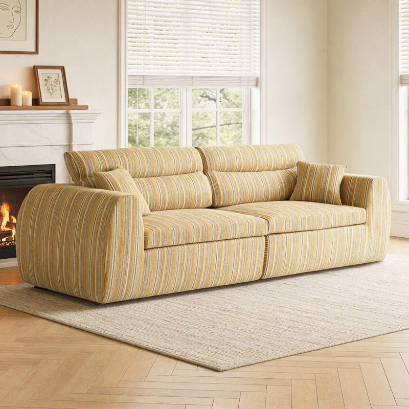 Canapé compact à rayures en chenille tissée, rangée droite, avec mousse haute densité, sans assemblage, idéal pour le salon ou un appartement.