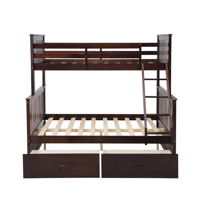 Lit simple superposé au dessus d'un lit double avec tiroirs de rangement, lit superposé en bois avec échelle et garde-corps - Espresso