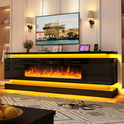 Modern Fireplace Tv Stand With Electric Fireplace – Modern Media Console With Dual Led Lights & Built-In Power Outlet For Tvs Up To 65/75/80 Inch Tvs, High Gloss Gaming Entertainment Center, For Living Room