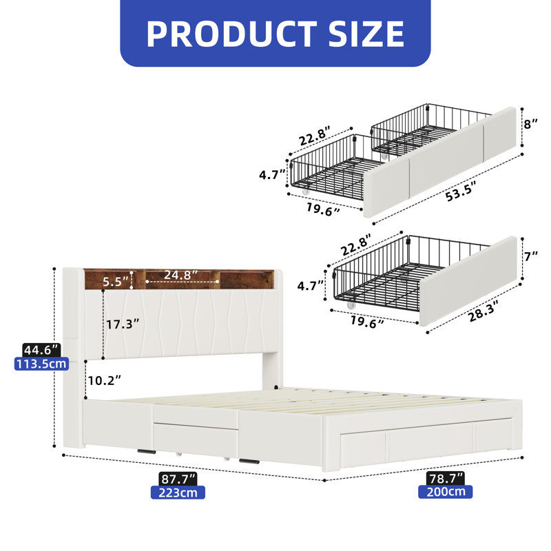 Upholstered Bookcase Storage Bed, King, White