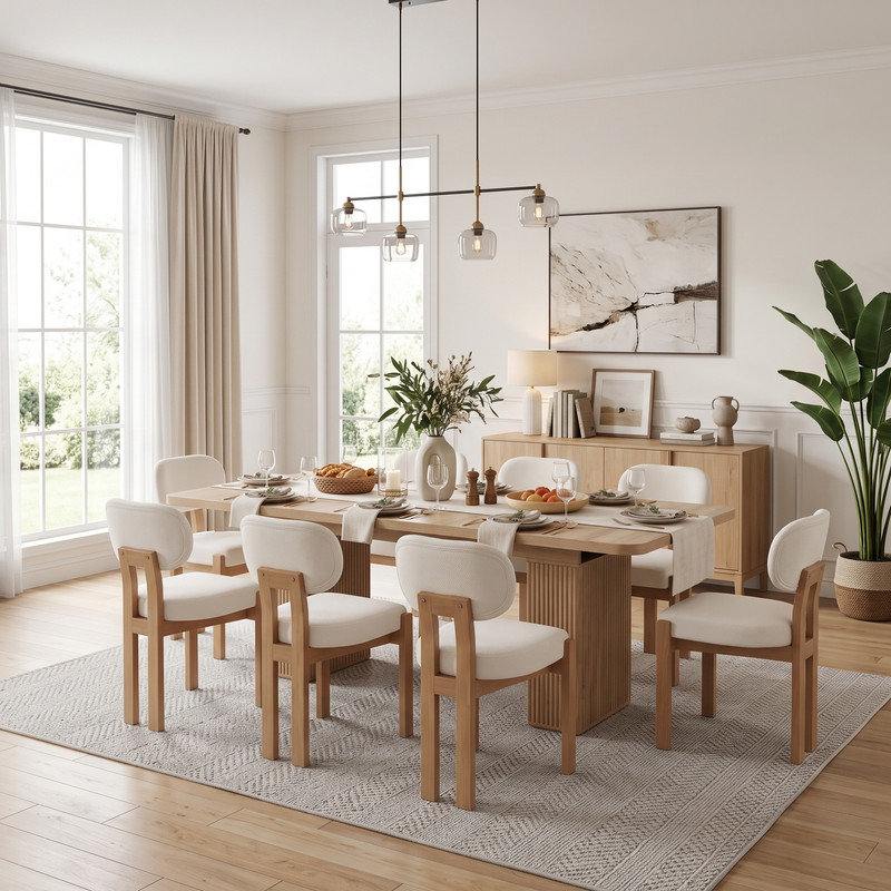 Amaia Dining Set, 9 Pieces: Table, 8 Chairs, Beige