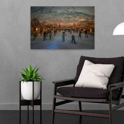 Christmas Market Skating Contemporary Christmas Tree Sunset Winter Wall Art Print 1 Piece Wrapped Canvas Wall Art