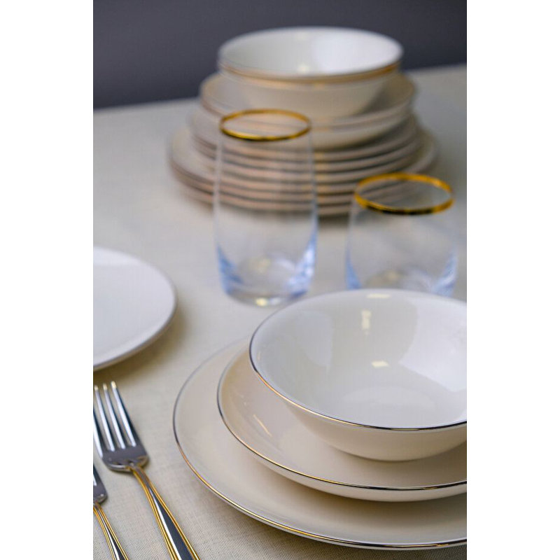 Service de table élégant 24 pièces, 100% porcelaine | Comprend 6 assiettes de service (9,8 x 9,8 x 1,0 po), 6 assiettes (8,3 x 8,3 x 1,2 po), 6 bols (5,9 x 5,9 x 1,8 po), 6 assiettes à dessert (8,7 x 8,7 x 1,0 po) | Va au lave-vaisselle jusqu'à 122 ° F, parfait pour un repas élégant