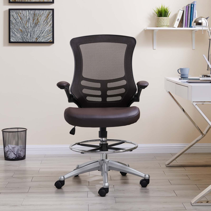 Modway Attainment Vinyl Drafting Chair - Drafting Stool With Flip-Up Arm, Brown