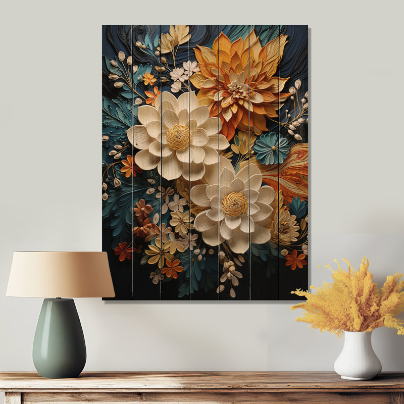 Jacintha orange sarcelle botanique tourbillon II sur bois, H 20 po x l 10 po x P 0,78 po