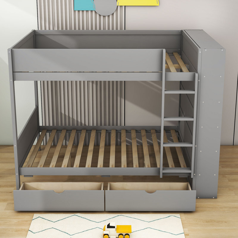Lit superposé standard à 2 tiroirs avec tablettes Obryan par RBParadise, gris, Double sur double