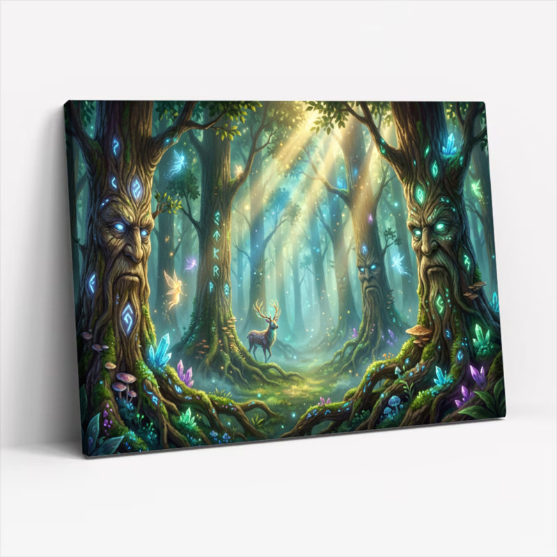 Ensemble de 1 tableau sur toile tendue représentant des esprits des arbres et des cerfs de la forêt enchantée, Noir