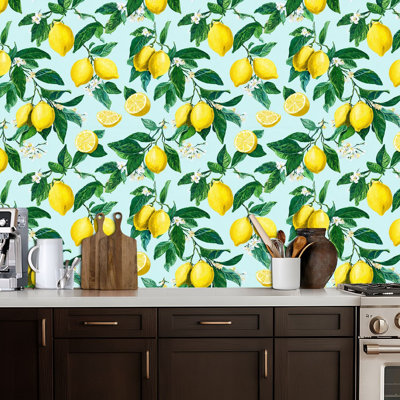 Peel and Stick Wallpaper Seamless Lemon Branch Green Leaves Flowers Light Blue Contact Paper Removable Self Adhesive Wall Mural Wall Decor for Bedroom Kitchen Cabinets 24in x 118in