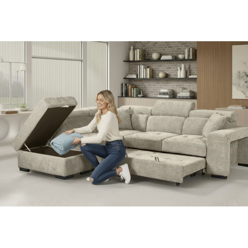 4 Seater Corner Sofa , Left Hand Facing, Beige Chenille