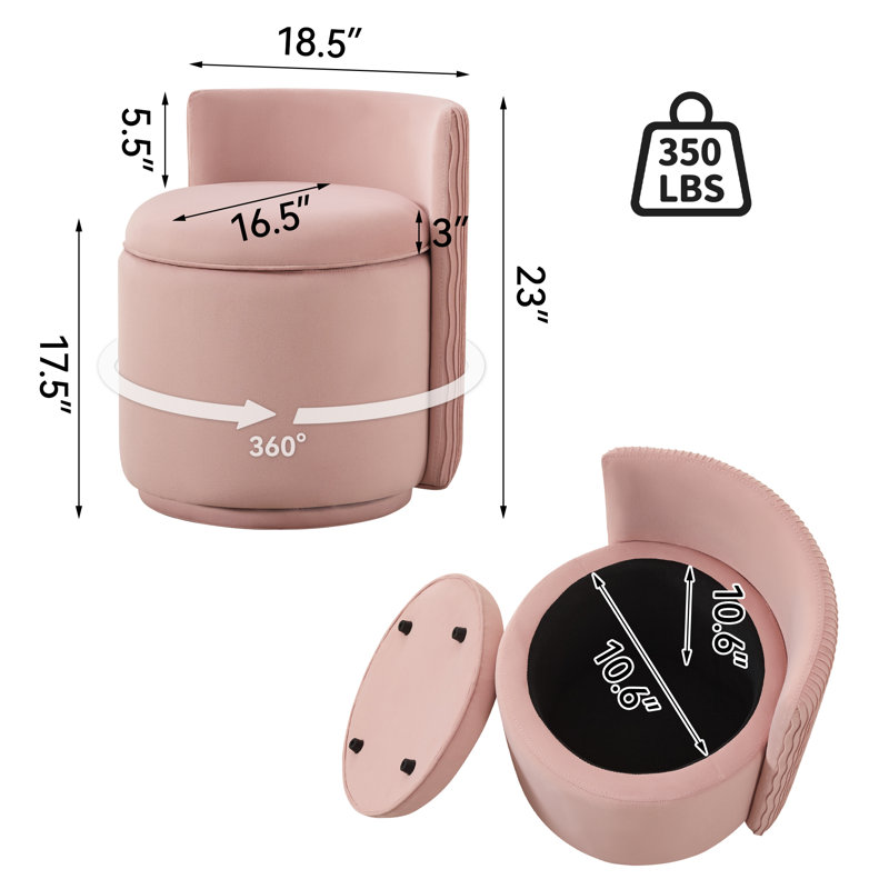 Fauteuil demi-tonneau pivotant rembourré avec rangement, Velours rose, H 23 po x l 18,5 po x P 18,5 po