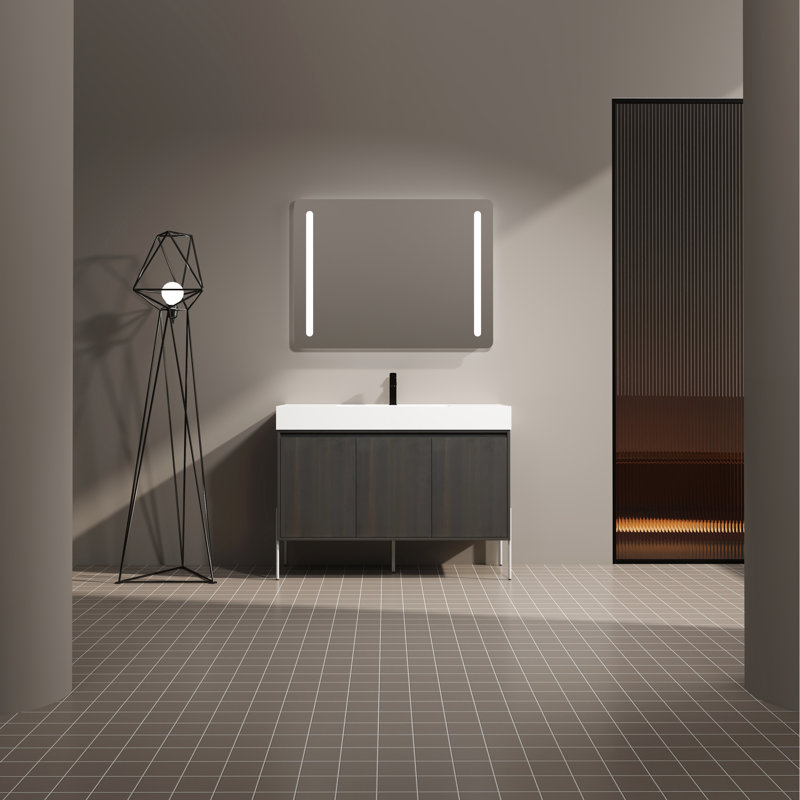 Armoire de salle de bain moderne 48 po avec lavabo en résine et meuble-lavabo fonctionnel en chêne foncé, 48"