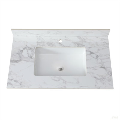 Dessus de meuble-lavabo de 37 po x 22 po, comptoir en pierre frittée blanc Barthroom avec comptoir rectangulaire en céramique avec dosseret de meuble-lavabo et comptoir à trois trous