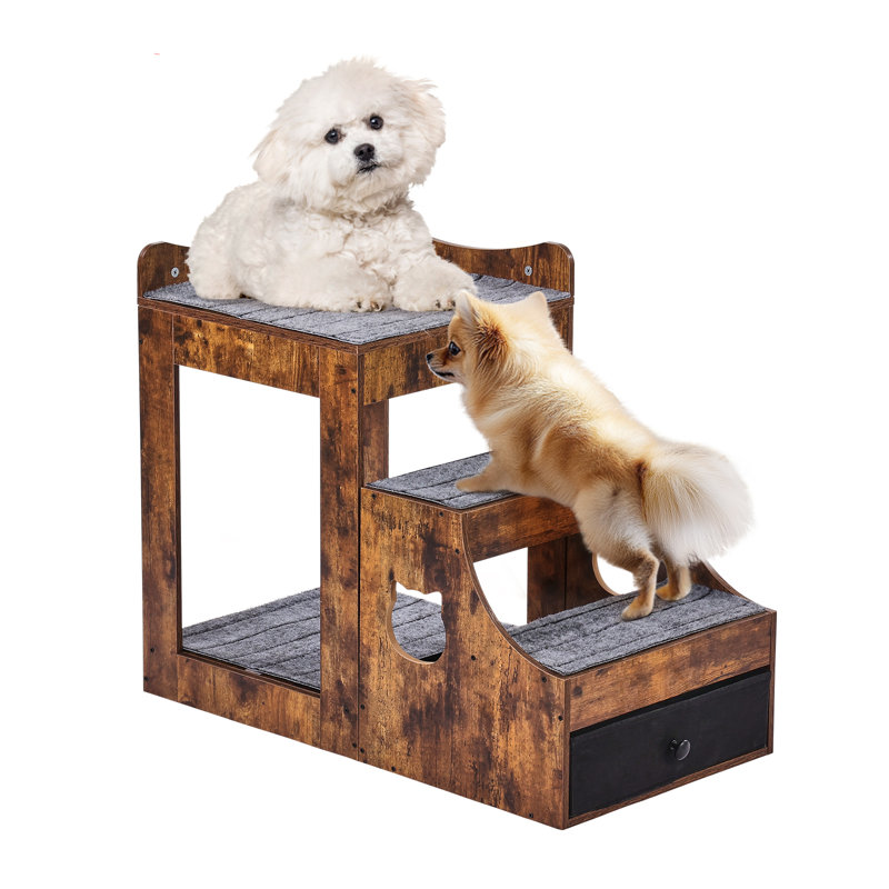 Rustic Brown Wooden Pet Bunk Bed with Storage and Stairs