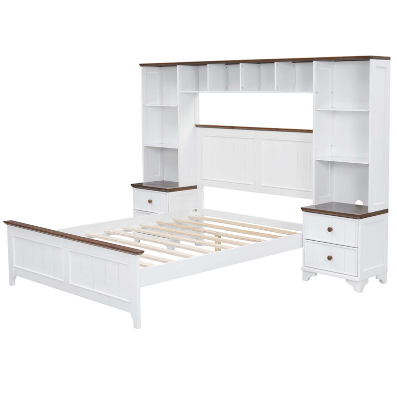 Lit plateforme en bois avec bibliothèque de chevet et tablette de rangement One-in-All 2, Double