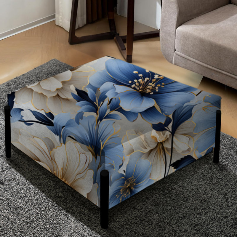 Grand repose-pieds carré floral bleu et blanc à motif floral III