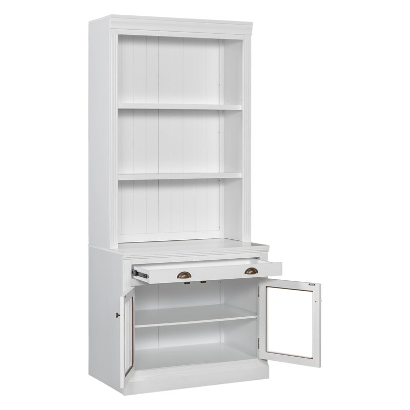 Bibliothèque de 83,4 po de hauteur, bibliothèque moderne avec 2 portes en verre et 1 tiroir, bibliothèque de rangement avec tablettes ouvertes pour le salon, le bureau personnel