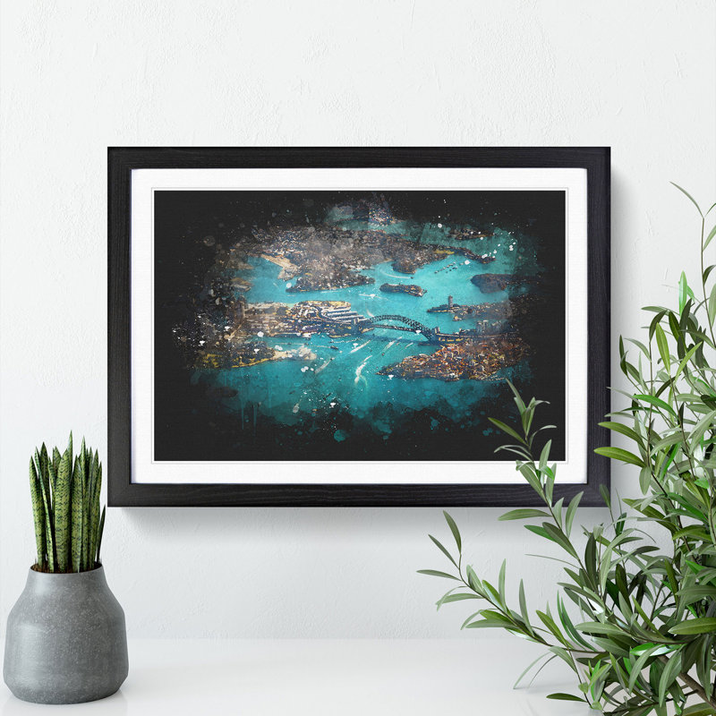 Birds Eye View Of Sydney Australia Paint Splash - Framed Print, Black Framed, 24cm H x 33cm W x 2cm D