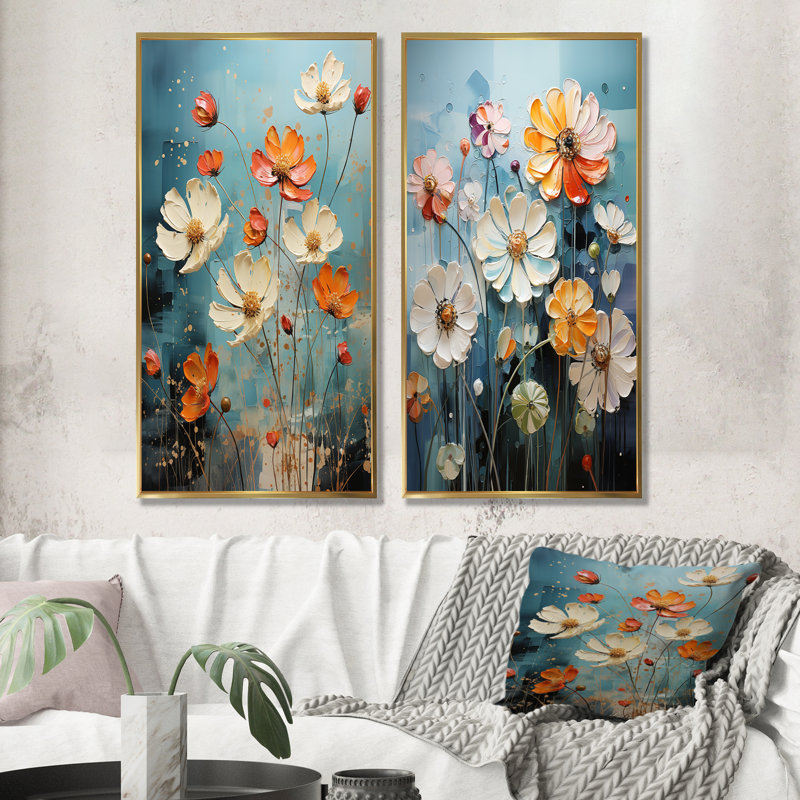 Ensemble de salon art mural bleu et orange Zinnias - Zinnias, Encadrement doré, H 28 po x l 25 po