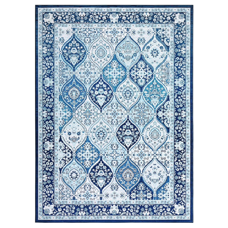 Washable Area Rug, Vintage Abstract Printed Low Pile Non Slip Foldable Indoor Carpet, TPR Backing, Teal Blue Tone, 5'x7'