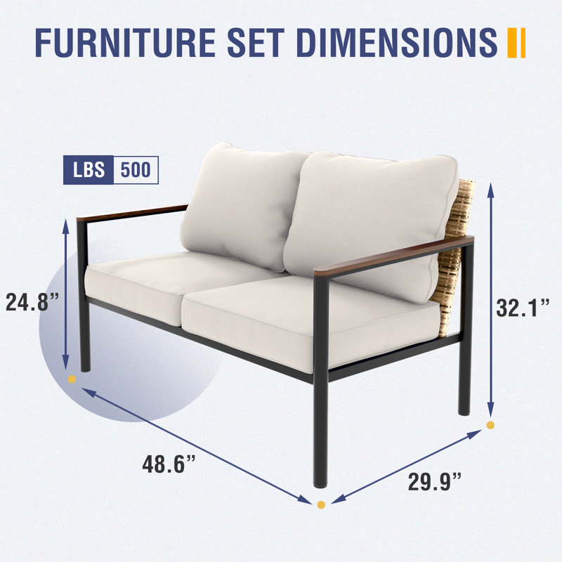 Causeuse d'extérieur en osier brun clair avec structure en acier et coussins, Beige