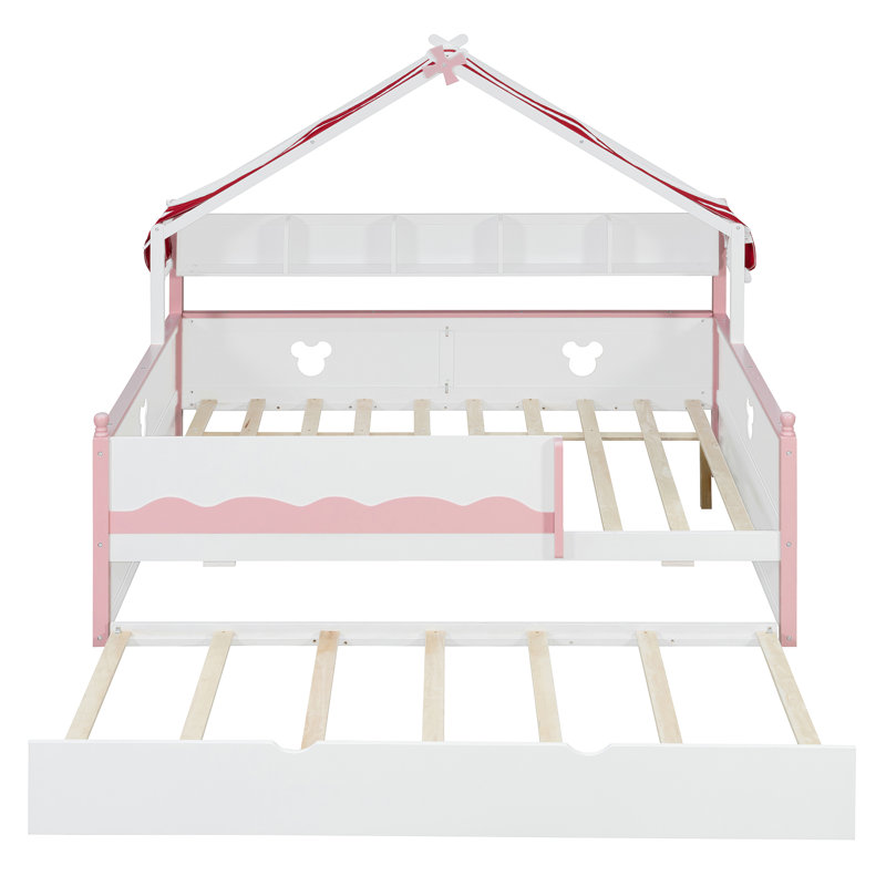 Lit de cabane en bois avec lit gigogne, auvent de tente et étagères, Lit double, Rose blanc