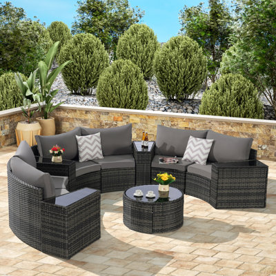 Ensemble de mobilier d'extérieur pour terrasse avec demi-lune et table basse ronde en verre trempé 11 pièces