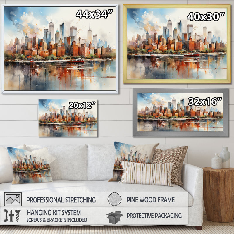 Dreamy New York, paysage rétro, aquarelle - décoration murale New York, H 12 po x l 20 po x P 1 po, Cadre simple noir