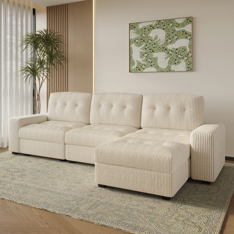 Corduroy Tufted 3-Seat Sofa Spacious Seats L-Shaped Apartment Couch, Beige Corduroy
