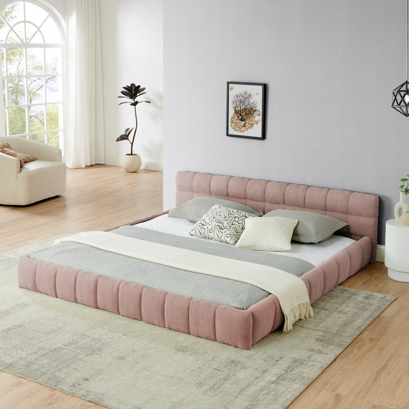 Très grand cadre de lit tapissier très grand avec tissu en chenille épais, lit plateforme rose avec tête de lit et structure solide, aucun sommier requis