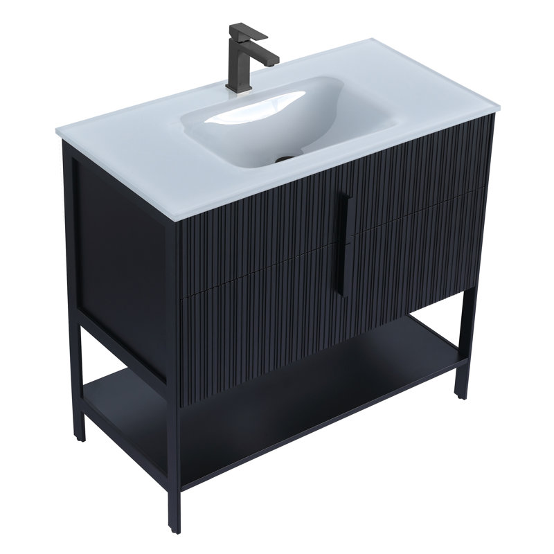  Serenity Modern Bathroom Vanity with White Glass Top, 36", Black Matte/Black