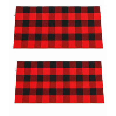 2 Pc set 23 x 51 Inches Plaid Rug Black/Red Checkered Design