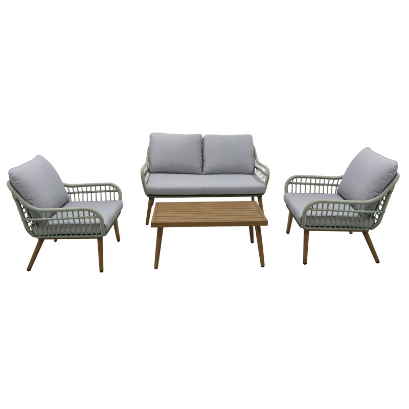 Ranjit 4 Person Aluminium Sofa Set Sage Green with Grey Cushions
