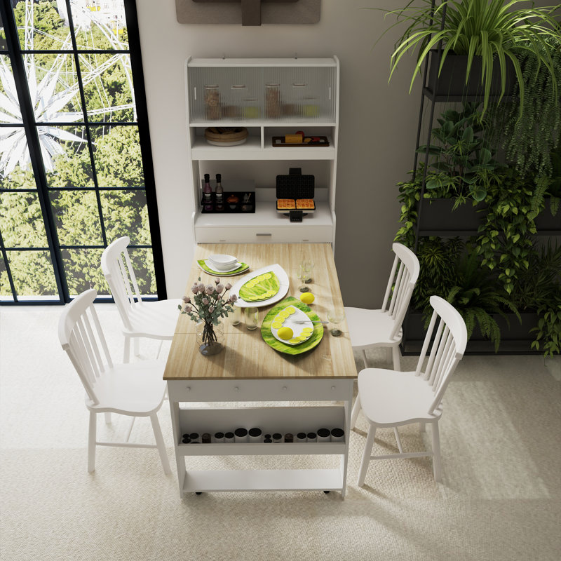Natural Multifunctional Cupboard Foldable Dining Table, White, Natural Wood
